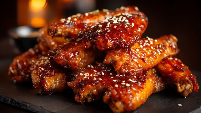 Glazed Chicken Wings with Sesame Seeds on Dark Surface, Sweet and Savory BBQ or Asian-Style, Gourmet Food Close-Up, Appetizing Restaurant Dish Photography