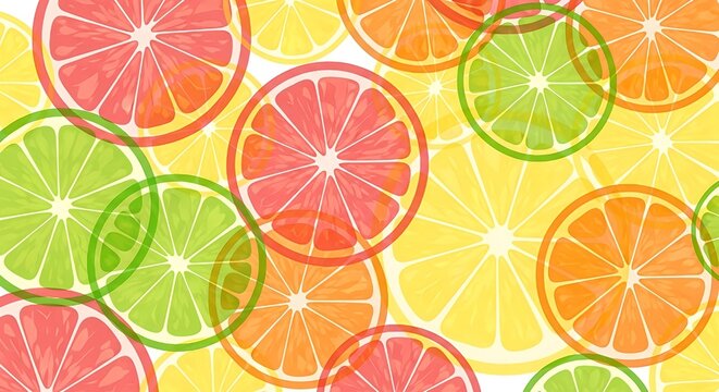Colorful citrus fruit slices seamless pattern background. Grapefruit, lemon, lime, orange cross sections, vibrant summer design, fresh healthy food illustration, juice concept.