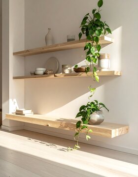 A serene indoor scene featuring wooden shelves with decorative items and a lush green plant in a minimalist environment from a frontal viewpoint