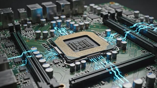 Close-up of a computer motherboard with a central processing unit socket