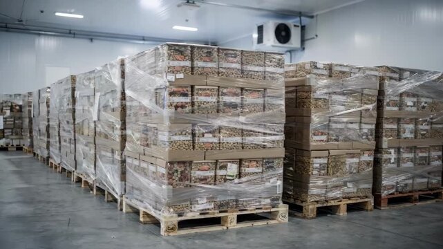 Climatecontrolled warehouse medium shot capturing pallets of boxed nut goods in a clean temperatureregulated environment focused on product preservation.