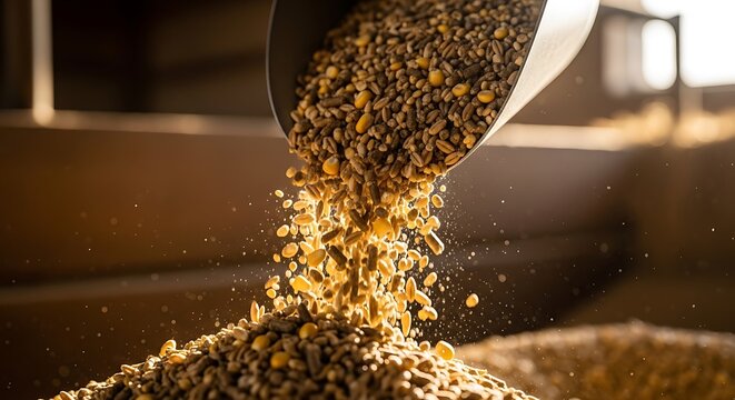 Close-up of animal feed pouring from a scoop into a large pile of grains
