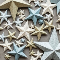 Obraz premium A close-up view of a collection of decorative stars in various sizes and muted colors, creating a textured and festive background.