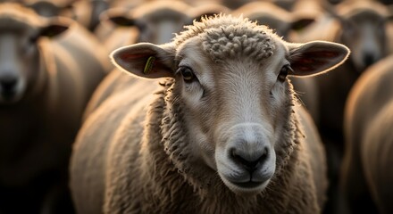 Close-up portrait of a sheep's face with soft golden hour light illuminating its woolly coat