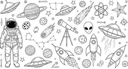 Hand Drawn Space Doodle Collection with Astronaut Rockets Planets UFO and Astronomy Elements © Minara