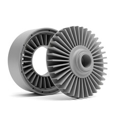 Two gray turbine compressor wheels isolated on white background