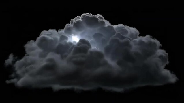 A dramatic gray cloud formation illuminated from within by a bright light source against a dark background