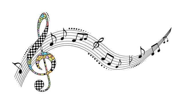 Wavy music staff lines with various notes and a large treble clef decorated with colorful geometric patterns art.