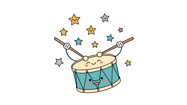 Cheerful blue drum with a smiling face is played with wooden sticks while surrounded by a festive array of colorful floating stars.