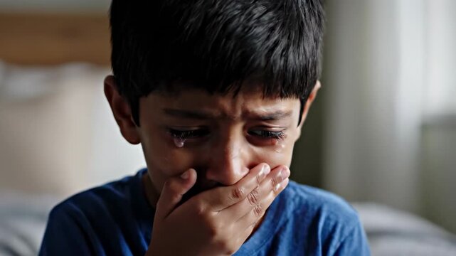 Sad child crying with tears and a look of pain.