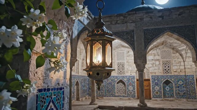Lantern lit courtyard of ancient stone architecture with intricate tilework