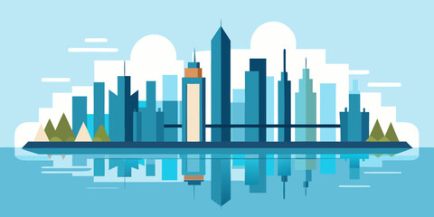 Fototapeta premium Modern Geometric City Skyline with River Reflection Flat Vector Illustration