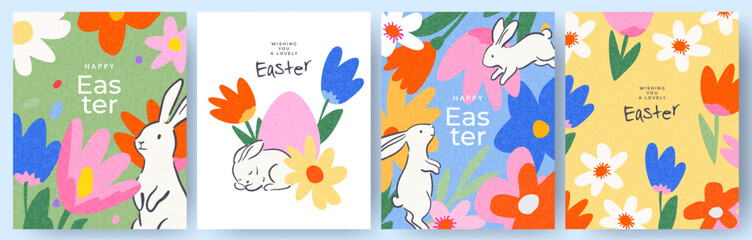 Obraz premium Happy Easter set of greeting cards, posters, holiday covers. Trendy design templates with typography, spring hand drawn Easter eggs and bunny, flowers in pastel colors. Modern art minimalist style for