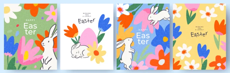 Selbstklebende Fototapeten Marienkäfer Happy Easter set of greeting cards, posters, holiday covers. Trendy design templates with typography, spring hand drawn Easter eggs and bunny, flowers in pastel colors. Modern art minimalist style for  © Tanya Shulga