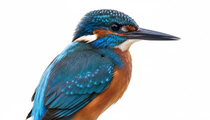 Vibrant blue and orange kingfisher bird isolated on white background. Detailed wildlife portrait perfect for nature, ornithology, and birdwatching themes.