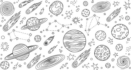 Space Doodle Pattern with Planets Stars Comets and Galaxies Hand Drawn Outline Background © Minara