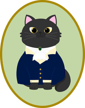 Royal Nobleman Black Cat Portrait in Blue Suit and Victorian Jabot Collar