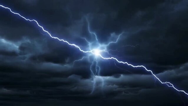 A dramatic lightning bolt strikes through dark stormy clouds in the sky from a low viewpoint