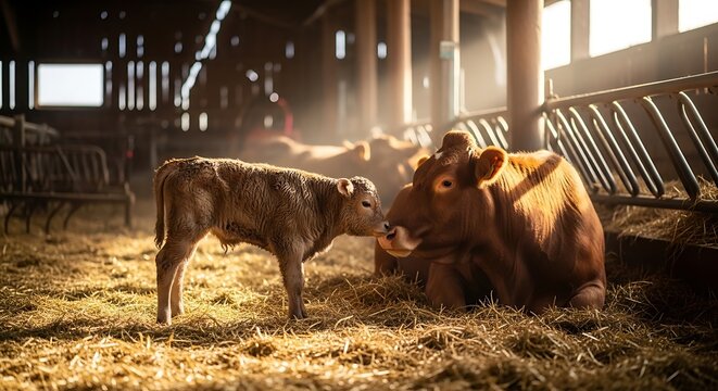 Tender moment between a mother cow and her calf in a sunlit barn