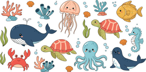 Cute Ocean Animals Cartoon Vector Set with Whale Turtle Octopus Seal Crab Fish and Coral Reef © MDRIFAT