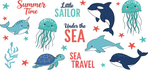 Cute Summer Sea Animals Cartoon Vector Set with Dolphin Whale Orca Turtle Jellyfish and Nautical Quotes © MDRIFAT