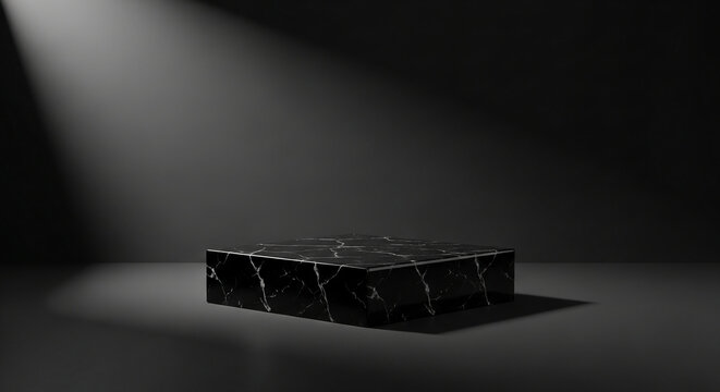 Cube with black marble texture under light beam, a stylish stage for display. The platform symbolizes sophistication, showcase or presentation purposes.