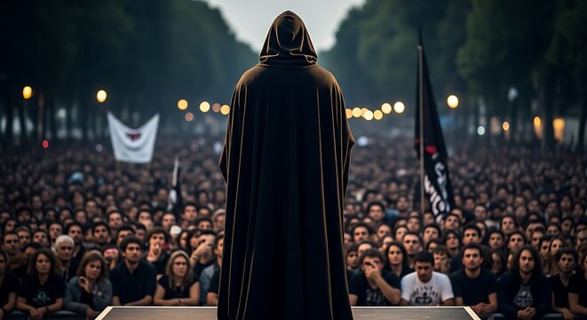 Hooded figure addresses vast crowd from elevated platform outdoors