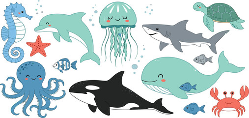 Cute Sea Animals Cartoon Vector Set with Dolphin Whale Shark Turtle Octopus Jellyfish Crab and Seahorse © MDRIFAT