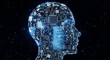 Obraz premium Profile of an electronic head made of circuit board, representing artificial intelligence, future technology, science and cyberspace concept