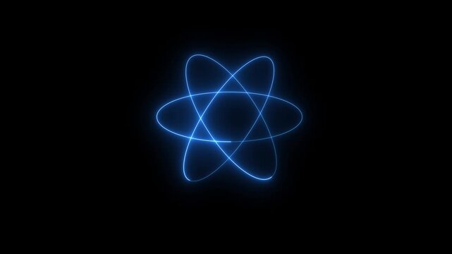 A stylized, neon-lit representation of an atom model, often referred to as the Rutherford-Bohr model or the atomic orbital model. 4K video