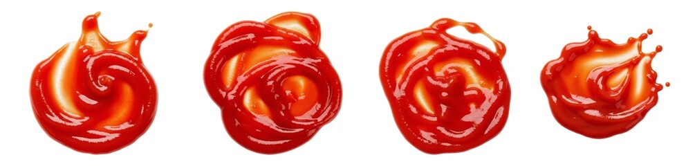 Fototapeta premium Red tomato ketchup splashes set isolated on white, liquid sauce swirls, spicy chili dip splatter, organic condiment dollops, gourmet pasta sauce drops PNG cutout.