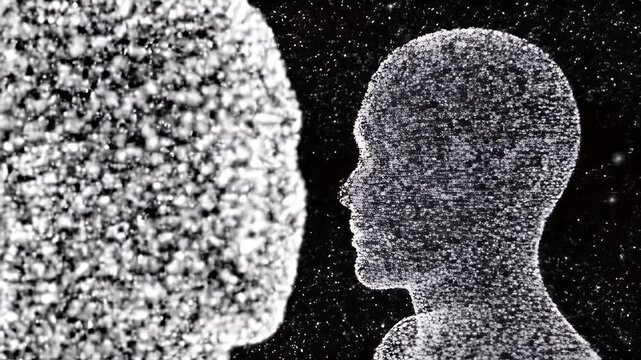 Two human-like figures formed from particles against a starry backdrop, black and white