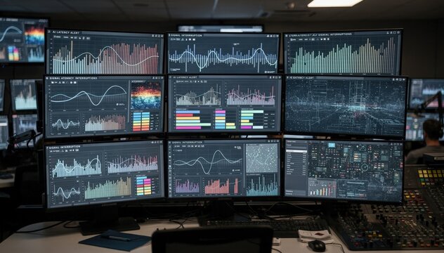 Focused medium shot capturing broadcast monitoring screens with AI alerts on signal latency and interruptions technicians and control panels softly blurred behind.