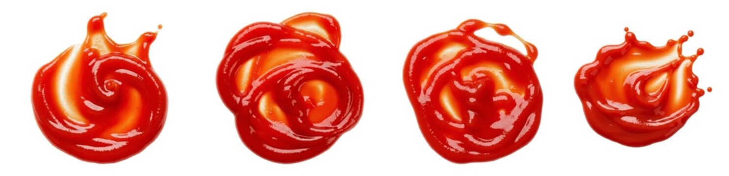 Red tomato ketchup splashes set isolated on white, liquid sauce swirls, spicy chili dip splatter, organic condiment dollops, gourmet pasta sauce drops PNG cutout.