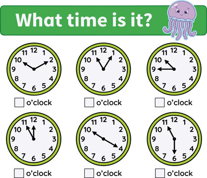 Telling time worksheet for kids, analog clock learning activity, educational printable, preschool math practice, classroom teaching resource illustration