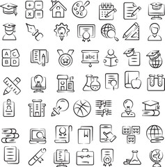 Hand-Drawn Education and School Icon Set, Large Set of Hand-Drawn Education and School Doodle Icons Vector Illustration