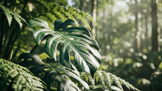 Lush green jungle foliage with large monstera leaves and ferns in soft dappled sunlight filtering through the trees creating a serene and vibrant rainforest atmosphere.