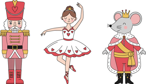 Nutcracker Ballet Character Vector Set with Toy Soldier, Ballerina Dancer and Mouse King in Cute Fairy Tale Cartoon Illustration Style