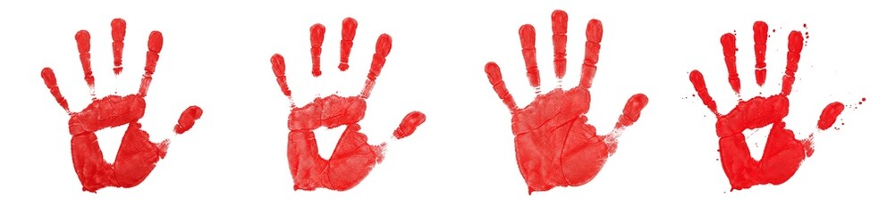 Red handprints set isolated on white, bloody hand print collection, paint palm marks, child art stamps, forensic crime scene evidence, human hand silhouettes PNG. © Kirin980