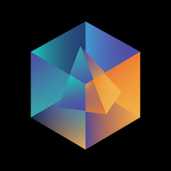 Transparent gradient glass cube with inner pyramid