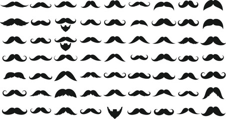 Fototapeta premium Mustache Silhouette Vector Set with Vintage Beard and Facial Hair Styles, Retro Barber Shop Moustache Icons in Minimal Black Graphic Design