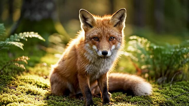 Beautiful fox sitting in the forest, looking at the camera.
