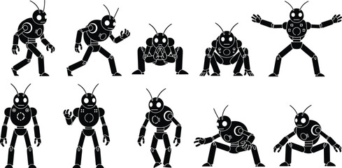 Black silhouette insect robot character sprite sheet featuring various poses, walking, crouching, standing, and action movements for game design and animation. © Sakill_Pro