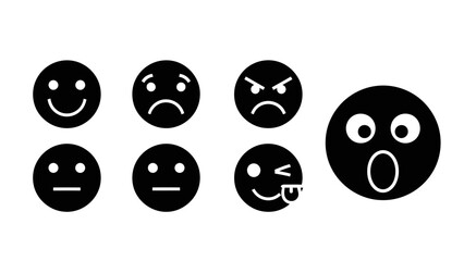 Set of Black Emotion Icons: Happy, Sad, Angry, Shocked, Neutral, Winking Faces