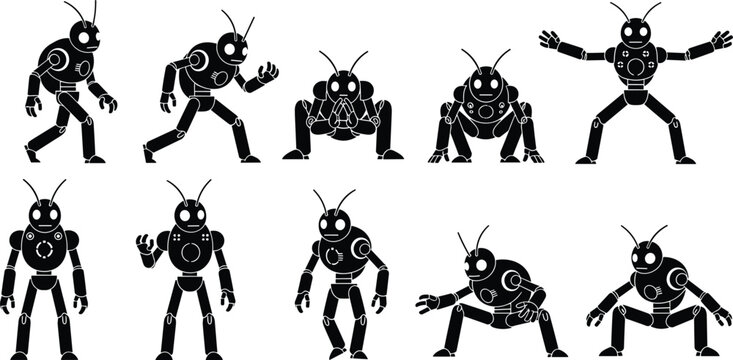 Black silhouette insect robot character sprite sheet featuring various poses, walking, crouching, standing, and action movements for game design and animation.