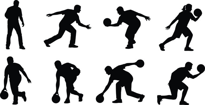 Set of black silhouettes representing male and female professional bowling players in various action poses, movements, and sports competition throwing.