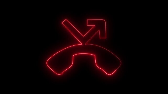 A bright neon outline of a telephone handset with an outgoing arrow symbol indicating a call being placed against a dark, abstract background. Abstract neon outgoing phone call increase icon. on black