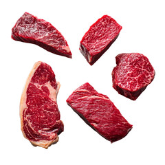 Fototapeta premium Assorted Wagyu Beef Steak Cuts Viewed From Above on a white background