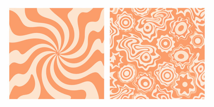 Abstract swirling patterns in orange and cream presented as a diptych
