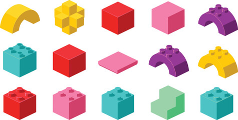 Colorful LEGO-style building blocks collection in grid layout, diverse shapes, creative construction pieces, educational toy design, playful architecture, vibrant plastic bricks © Milan